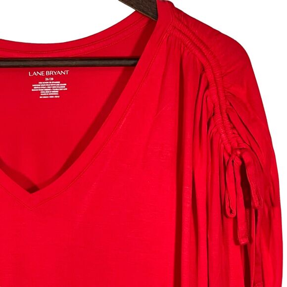 Lane Bryant Sleeveless Ruched Top Women Size 26 Red V-Neck Stretch Side Hem Slit - Picture 2 of 12